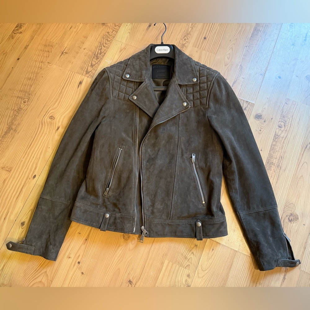 All Saints Dark Olive Grey Suede Biker Jacket